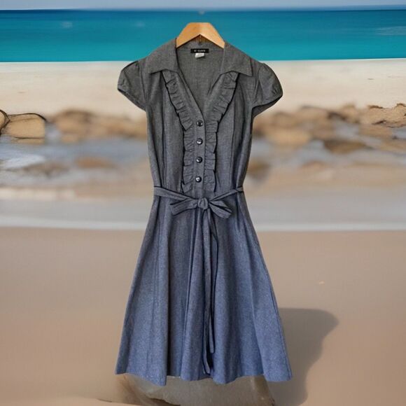 Y2K O’Sher 2XL Belted Collared Swing Ruffled Dress W Heart Button - Picture 1 of 5